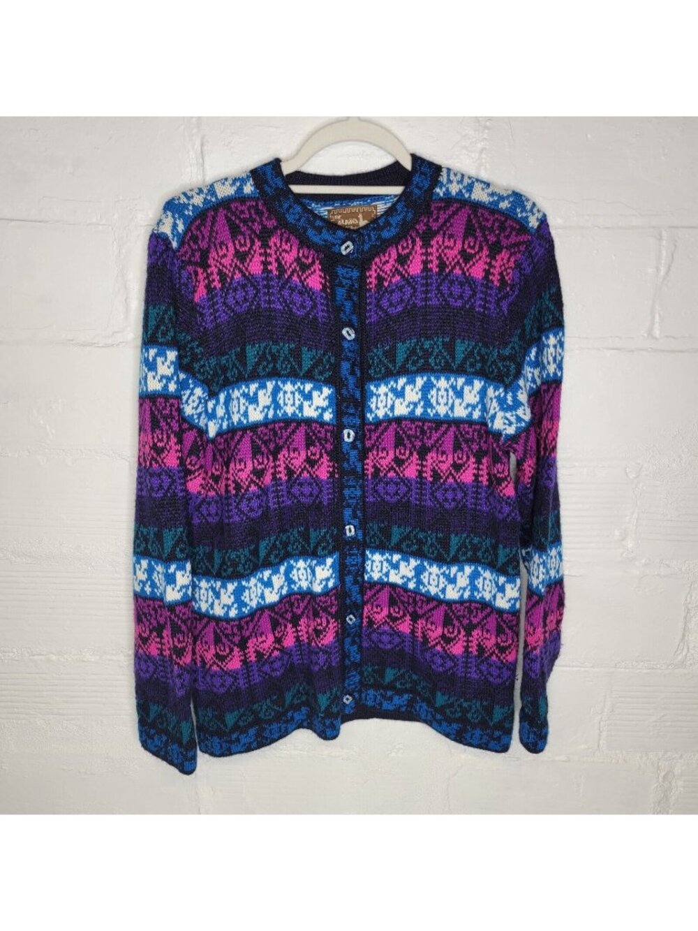 The Alpaca Connection Women's Medium Cardigan Sweater Blue Pink Purple Fair Isle